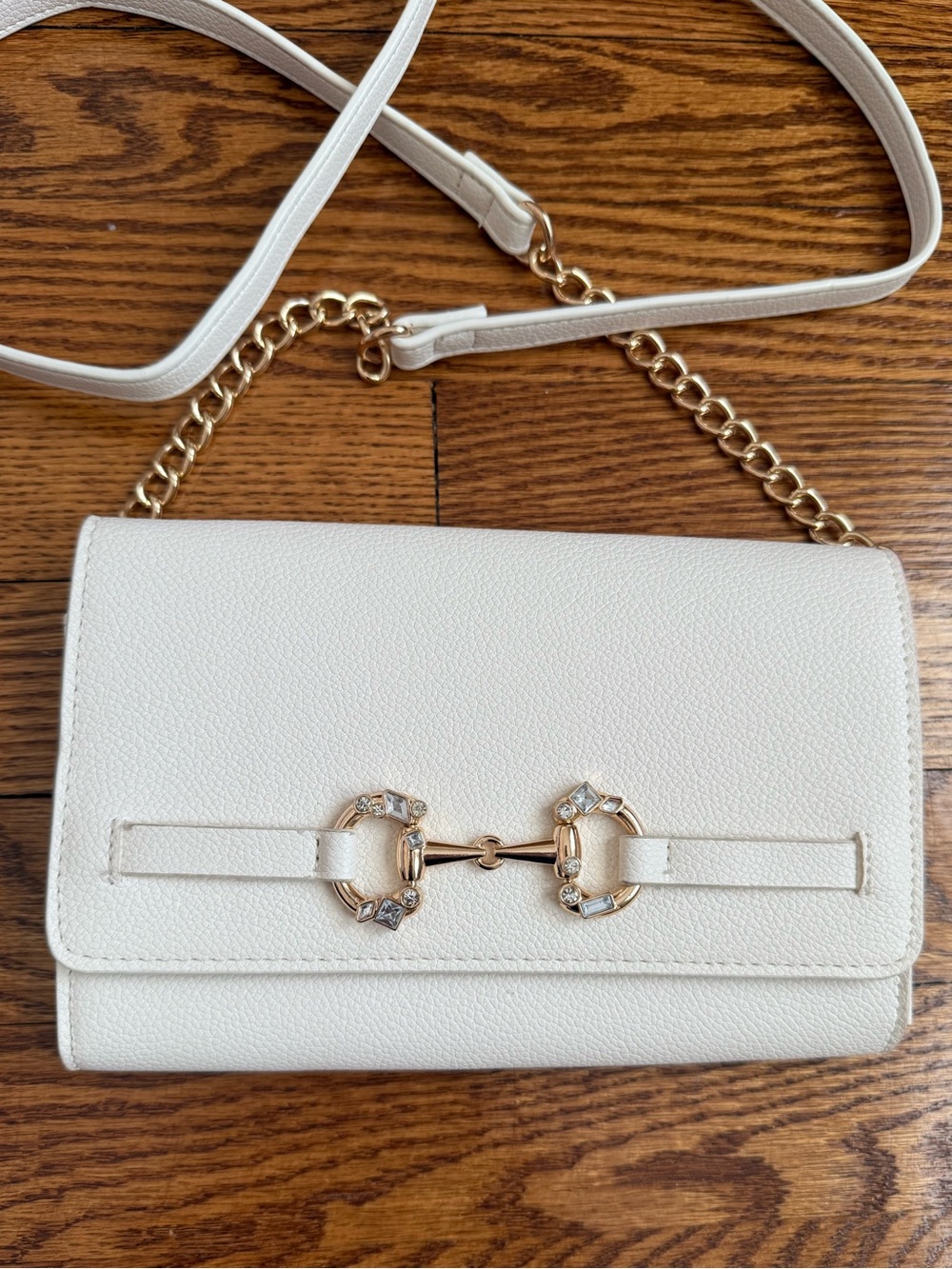 Anne Klein White Pebble Faux Leather Crystal Gold Crossbody Clutch Bag Like New - Picture 1 of 8